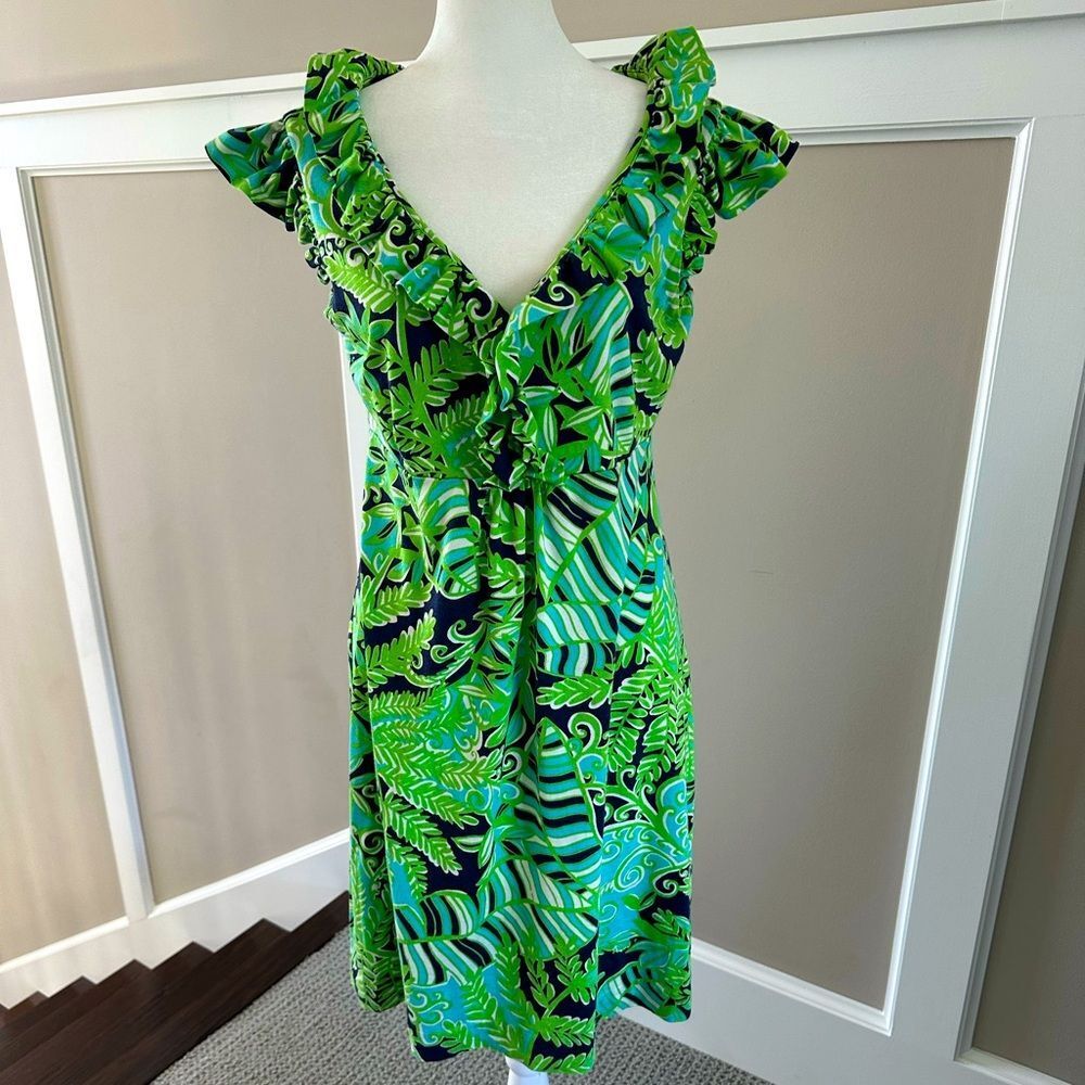 Lilly Pulitzer Green & Navy Ruffle V-Neck Mini Dress